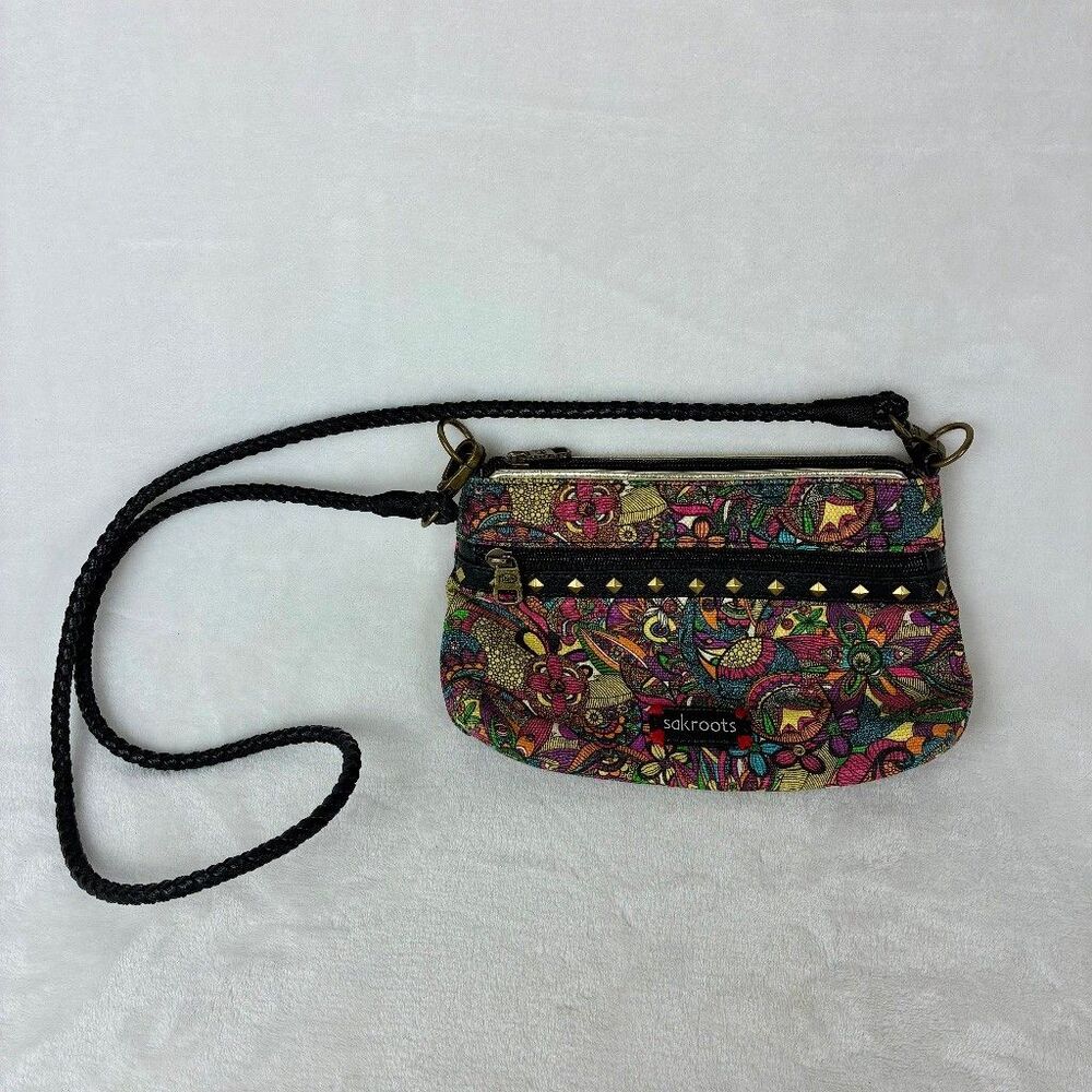 Sakroots Multicolor Floral Crossbody Bag Braided Strap Boho Festival Indie Purse